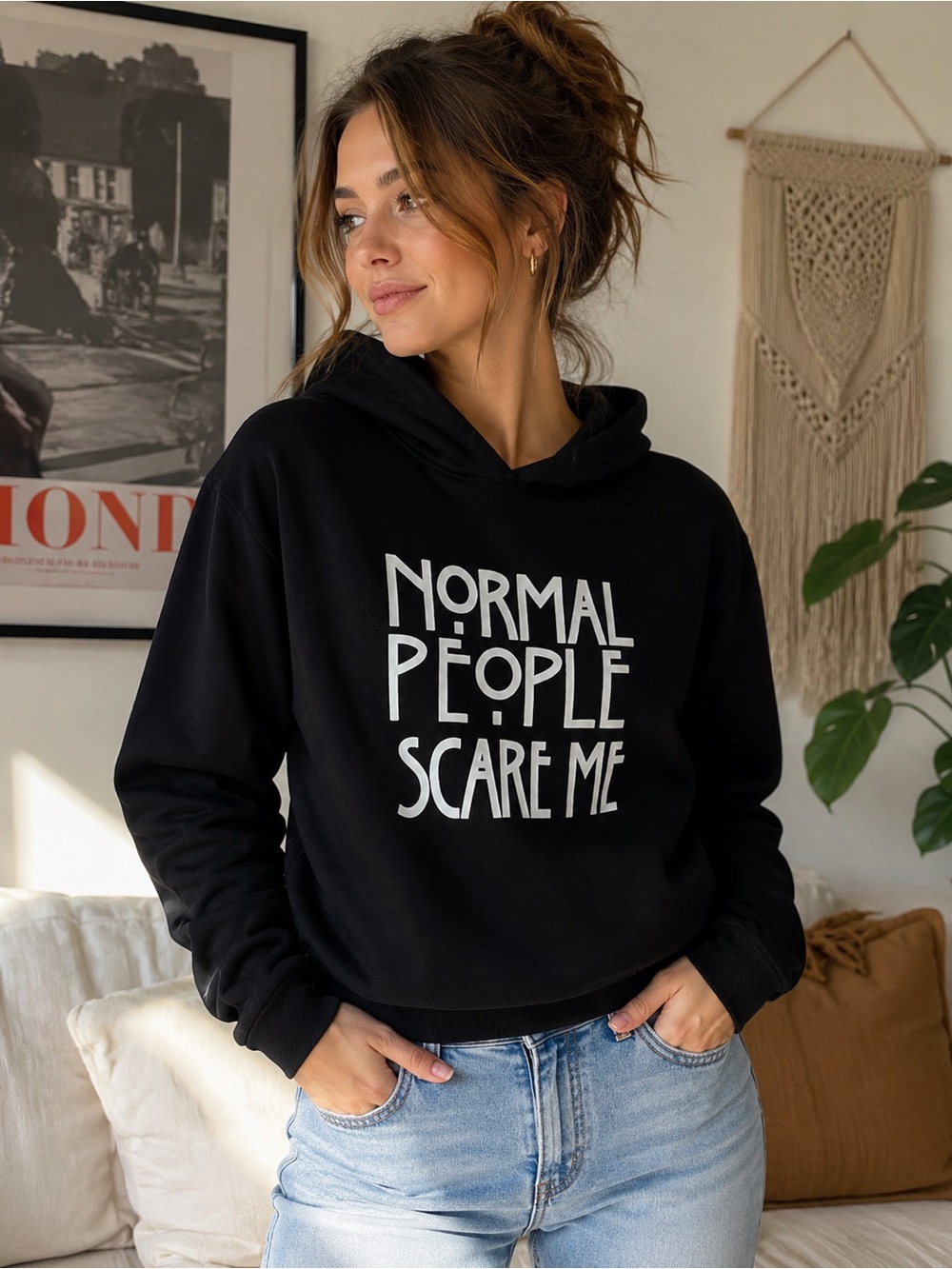 Black “Normal People Scare Me” Graphic Hoodie Size Large